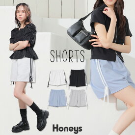＼特別クーポン配布中♪／ボトムス パンツ ショートパンツ リボン ライン 綿混 ウエストゴム ポケット ガーリー 夏 白 黒 レディース Honeys ハニーズ 脇リボンショートパンツ