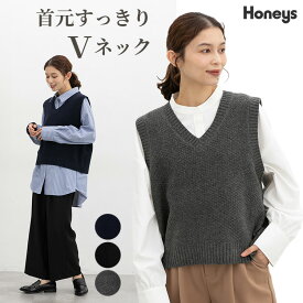 トップス ベスト ジレ ニット セーター ノースリーブ Vネック 再生ポリエステル バスケット編み カジュアル 秋 レディース Honeys ハニーズ Vネックベスト