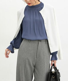 ■スーパーSALE特別クーポン配布中■トップス ブラウス 長袖 再生ポリエステル ハイネック ギャザー ゴムシャーリング キャンディスリーブ レディース Honeys ハニーズ ハイネックブラウス