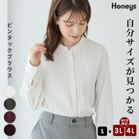 【スペシャルクーポン配布中！】トップス ブラウス 長袖 大きいサイズ オフィス きれいめ ピンタック スタンドカラー ゴールドボタン レディース Honeys ハニーズ ピンタックブラウス