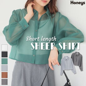 SALE トップス シャツ ブラウス 長袖 ショート丈 レギュラーカラー シアー素材 無地 レイヤード ガーリー 夏 レディース セール Honeys ハニーズ ショート丈シアーシャツ