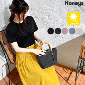 トップス Tシャツ クルーネック 半袖 無地 UVカット 綿 コットン シンプル レディース 夏 Honeys ハニーズ クルーネックTシャツ