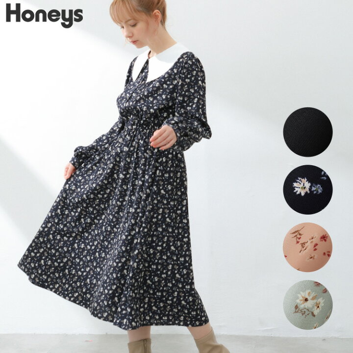 楽天市場 ワンピース ミモレ丈 長袖 衿付き 無地 花柄 ピンタック ボタン おしゃれ レディース 秋 冬 Honeys ハニーズ 衿付ワンピース ハニーズ オンラインショップ