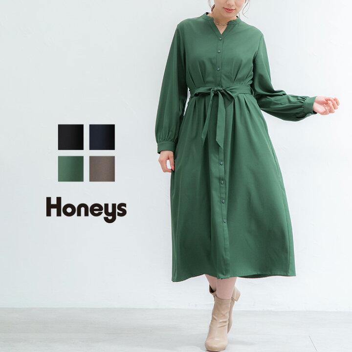楽天市場 ワンピース 長袖 シャツワンピ 前ボタン タック スタイルアップ リボン 無地 羽織り レディース 秋 Honeys ハニーズ 前釦ワンピース ハニーズ オンラインショップ