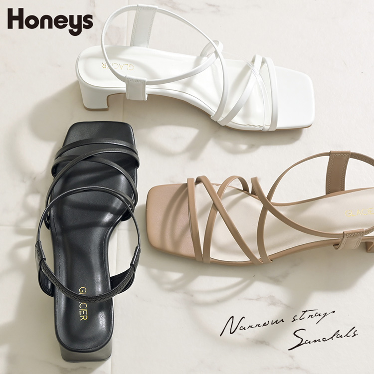 新作人気 靴 サンダル スクエアトゥ ブロックヒール アンクルストラップ 上品 レディース 夏 SALE セール Honeys ハニーズ  ナローストラップサンダル