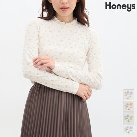 トップス Tシャツ カットソー ハイネック 長袖 花柄 メロー リブ 綿混 レディース 秋 Honeys ハニーズ 総柄ハイネックT