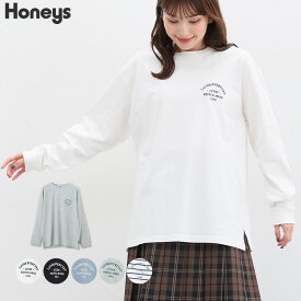 トップス カットソー Tシャツ 長袖 大きめ ゆったり カジュアル 部屋着 レディース Honeys ハニーズ 刺繍ロゴTシャツ