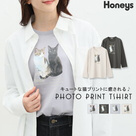 スーパーSALE限定タイムセール★【特別クーポン配布中】トップス ロンT 長袖 Tシャツ 綿100％ コットン ネコ 猫 可愛い 白 スミクロ レディース Honeys ハニーズ フォトプリントTシャツ