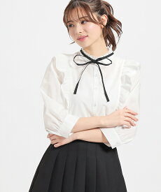 ■最大30%OFFクーポン対象♪■SALE トップス ブラウス 7分袖 フリルネック リボン 無地 ストライプ ガーリー 可愛い レディース セール ニコラ 雑誌掲載 Honeys ハニーズ 7分袖フリルブラウス