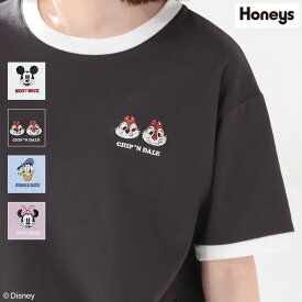 Tシャツ レディース 半袖 キャラクター ミッキー ドナルド おしゃれ ワンポイント 配色 Honeys ハニーズ ディズニー／Tシャツ
