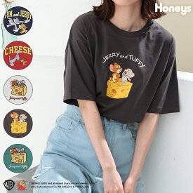 【特別クーポン配布中】トップス Tシャツ カットソー 半袖 綿100％ イラストプリント ロゴ おしゃれ レディース 夏 Honeys ハニーズ トムとジェリー／Tシャツ