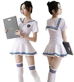 【BI-10082】セーラー服 セクシー コスプレ コスチューム ランジェリー 可愛い JK 制服 高校生 学生 女子高生 仮装 レディース 半袖 ミニスカート ネクタイ ワンピース Tバック付き セット Lサイズ ホワイト