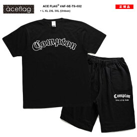 【48%OFF】ACE FLAG 上下セット 半袖 ブランド Tシャツ ハーフパンツ 上下 メンズ 春夏用 黒 エースフラッグ セットアップ LA Compton コンプトン ロゴ b系 ヒップホップ ファッション ダンス ストリート系 AF-SE-TS-032