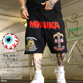 MISHKA ハーフパンツ スウェット 裏起毛 半ズボン 短パン メンズ 春夏用 黒 紫 大きいサイズ ミシカ ショートパンツ CYCO SIMON サイコサイモン スカル 刺繍 ビッグシルエット b系 ヒップホップ ファッション ロック バンド ストリート系 ハイ ブランド 2025夏 新作 MSK-163