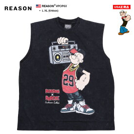 REASON × ポパイ Tシャツ 半袖 メンズ 春夏用 黒 大きいサイズ Popeye 限定 コラボ 公式 リーズン 派手 総柄 黒シブ 渋黒 ノースリーブ 袖なし タンクトップ オーバーサイズ ビッグシルエット b系 ヒップホップ ファッション ストリート系 ブランド 服 2025春夏 新作 POP63