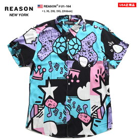 ラスト1点【40%OFF】REASON 半袖シャツ メンズ レディース 春夏用 黒 大きいサイズ リーズン シャツ 半袖 柄シャツ アロハシャツ おしゃれ 総柄 グラフィティ アニメ 漫画 アメコミ 切り替え b系 ヒップホップ ファッション ストリート系 ハイ ブランド 服U1-164