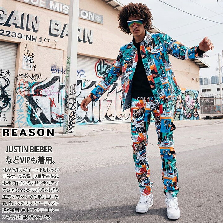 楽天市場 リーズン Reason ジーンズ デニム ロングパンツ ストレートフィット ジーパン Gパン ワーク 長ズボン メンズ 白 B系 ヒップホップ ストリート系 ファッション ブランド 服 かっこいい おしゃれ カートゥーン 犬 切替 ウォールアート ポップアート 総柄 F0 3