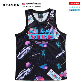 REASON × マイアミバイス ノースリーブ メンズ 黒 ブラック 大きいサイズ Miami Vice 限定 コラボ 公式グッズ リーズン バスケットシャツ バスケシャツ おしゃれ かっこいい 総柄 限定品 b系 ヒップホップ ファッション ハイ 2022春夏 新作 MV003