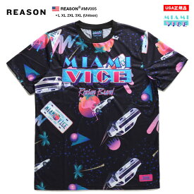 REASON × マイアミバイス Tシャツ 半袖 メンズ 黒 ブラック 大きいサイズ Miami Vice 限定 コラボ 公式グッズ リーズン おしゃれ 派手 総柄 限定品 ヤシの木 スーパーカー 刺繍 b系 ヒップホップ ファッション ストリート系 ハイ 2022春夏 新作 MV005