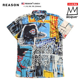 REASON × バスキア 公式 半袖シャツ メンズ 青 大きいサイズ Basquiat 限定 コラボ 公式グッズ リーズン シャツ 半袖 柄シャツ アロハシャツ オーバーサイズ b系 ヒップホップ ファッション 新作 JMB04