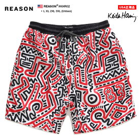 REASON × キースヘリング ハーフパンツ ポリコットン メンズ 白 Keith Haring 限定 コラボ 公式 リーズン ショートパンツ 半ズボン ゆったり パンツ おしゃれ b系 ヒップホップ ファッション ストリート系 KHR02