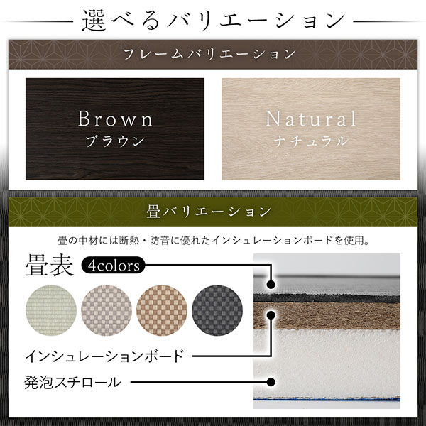 インシュレ 畳ベッド 収納付き 日本製 国産 すのこ仕様 頑丈設計 たたみベッド 畳 ベッド：本家屋 収納ベッド ハイタイプ 高さ42cm ダブル ブラウン い草グリーン つうれしい