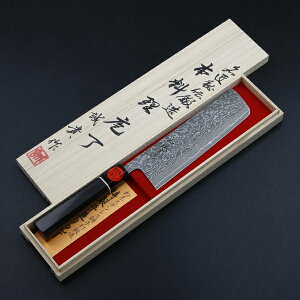 誠貴作 羽々斬 菜切り包丁 両刃 165mm 粉末積層鋼 ダマスカス模様 黒檀柄 木箱入り(誕生日 母の日 プレゼント 退職祝い)