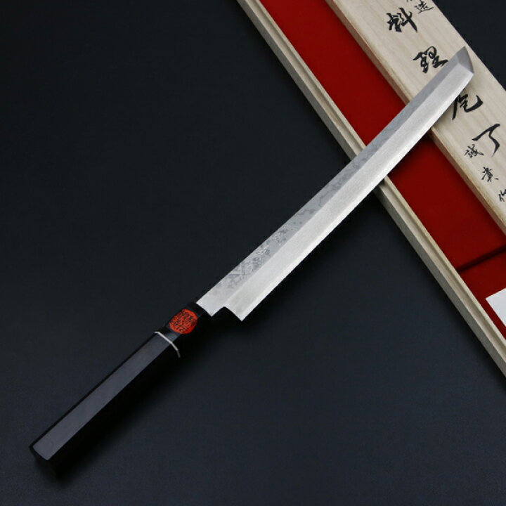 楽天市場】先丸柳刃包丁 片刃 300mm V金10号 ダマスカス模様 黒檀八角 