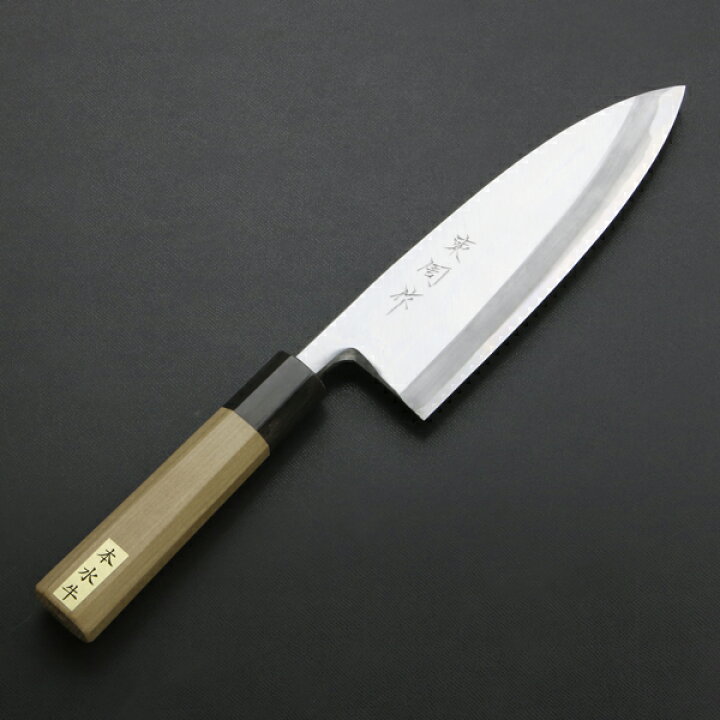 楽天市場】東周作 出刃包丁 片刃 180mm 青紙2号 付け鋼 霞研ぎ 