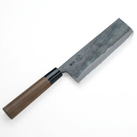 元兼 菜切り包丁 165mm 両刃 青紙スーパー 割込み 黒打ち仕上げ クルミ柄 土佐打ち刃物 極上品(和包丁 菜切包丁 家庭用包丁 黒打ち包丁 鍛造 日本製 誕生日 母の日 プレゼント 退職祝い）