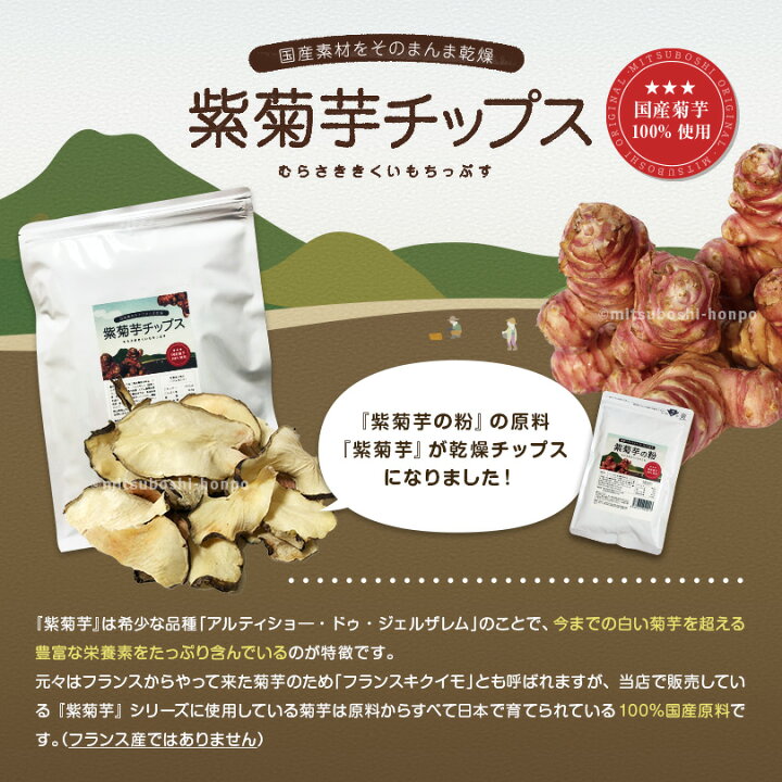 楽天市場 キクイモチップス 紫菊芋チップス 100g 100 国産フランスキクイモ使用 紫菊芋 乾燥 チップス ノンオイル 菊芋 きくいも アルティショ 仏キクイモ 送料無料 みつぼし本舗
