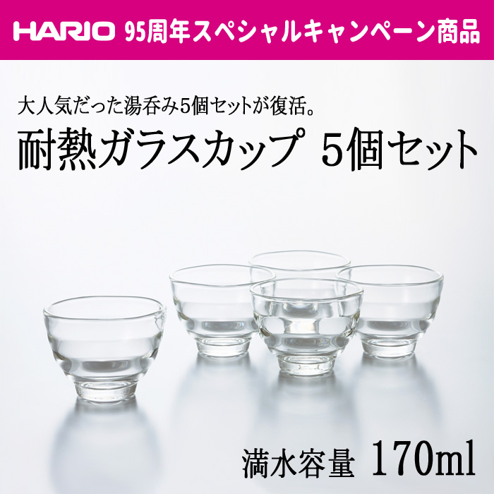 メーカー直売 シンプルな耐熱ガラス製の湯呑み お買い得 お買得な５個セットです HARIO 満水容量170ml ハリオ 耐熱ガラスカップ５個セット