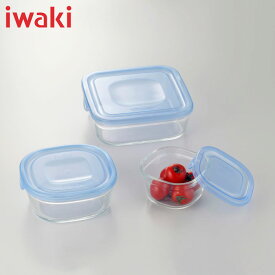 イワキiwakiギフトセット NEWパック＆レンジ角型3点セットアクアブルー耐熱ガラス