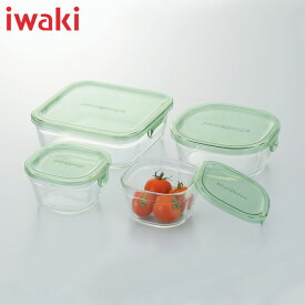 イワキiwakiギフトセット パック＆レンジ 角型4点セットグリーン耐熱ガラス