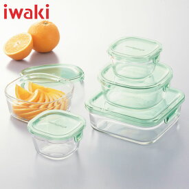 イワキiwakiギフトセットパック＆レンジ 角型5点セットグリーン耐熱ガラス