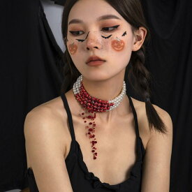 ゴシック チョーカー ネックレス 血滴 タッセル デザイン スイート クール スタイル ハロウィン 個性 パール ビーズ アクセサリー 秋 パーティー 用 個性派 ファッション アクセント