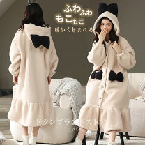 ルームウェア もこもこパジャマ ワンピース レディース 冬 かわいい うさ耳 長袖 着る毛布 部屋着 寝間着 おうち時間 韓国 暖かい