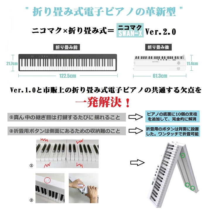 楽天市場】ニコマク NikoMaku 電子ピアノ 88鍵盤 折り畳み式 SWAN-X 黒 ピアノと同じ鍵盤サイズ コンパクト 高音質 軽量 充電型  MIDI対応 ペダル ソフトケース 鍵盤シール 練習用イヤホン付き : HopeStarショップ