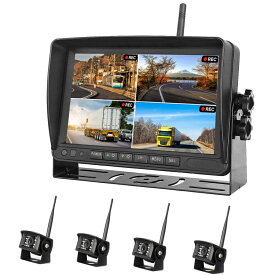 デジタル式無線DVRセット ワイヤレスカメラ4個 4CH同時録画可 DC12-24V汎用 トラック 重機 バス 大型車 防犯などに DVRモニターと無線バックカメラセット HOP-W607DVR4C