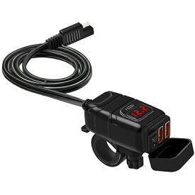 DC12V バイク用 USB充電器 2ポート SAE対応 クイックチャージ QC3.0 急速充電 電圧表示 電源スイッチ 生活防水 スマホ2台同時充電対応 HOP-BU854A