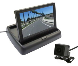 5インチフリップアップモニター 折り畳み式 ワイド画面 映像入力2系統 正像・鏡像切替 ガイドライン切替 小型防水カメラのお得なセット 12V専用 HOP-MOT50B021