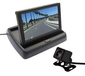 5インチフリップアップモニター 折畳式 ワイド画面 映像入力2系統 ガイドライン切替可 角型防水小型バックカメラお得なセット 12V専用 MOT50A206C