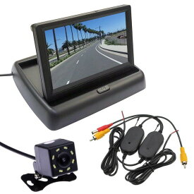 5インチフリップアップモニター 折り畳み式 ワイド画面 映像入力2系統 小型・暗視・防水カメラ ワイヤレス配線キット お得な3点セット 12V専用 HOP-MOT50VTM50BK810