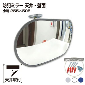 カーブミラー 室内 防犯ミラー 小判 255×505mm フレキシブル アーム フレキ ビス止め 防犯 屋内 天井 壁面 店舗 万引き イタズラ 防止 防犯グッズ 盗難防止 業務用 アクリル製 /グレー/白/青/日本製 yh066