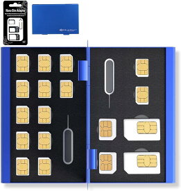 BLUECRAFT SIMカードケース 最大18枚収納 2枚 microSIM nanoSIM 14枚 アルミ両面タイプ SIM変換アダプター 取出ピン付属 静電対応( ブルー)
