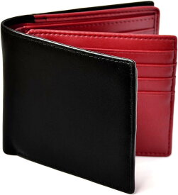 二つ折り 財布 本革 大容量 カード 18枚収納 新設計のボックス型小銭入れ メンズ ブラックxレッド( ブラック/レッド)