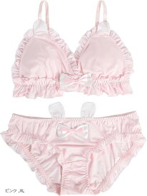 大きいサイズ ゆめかわ フリフリ ノンワイヤー ブラ ショーツ セット(ピンク, XL)