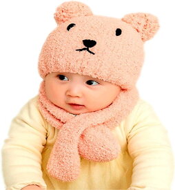 ミャオッティ ベビーニット帽子 マフラー 2点セット くま 赤ちゃん 新生児 冬 耳付き 防寒対策 0～2歳 フリーサイズ( ピンク, 3-3 Years)