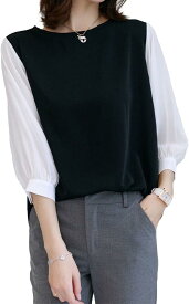 リリカ ブラウス ドッキング 5分袖 キレイメ カジュアル レディース( 白, XL)