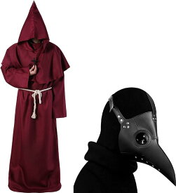 中世 修道士 コスプレ ハロウィン 僧侶 仮装 ローブ フード ＆ ペストマスク Lサイズ レッド